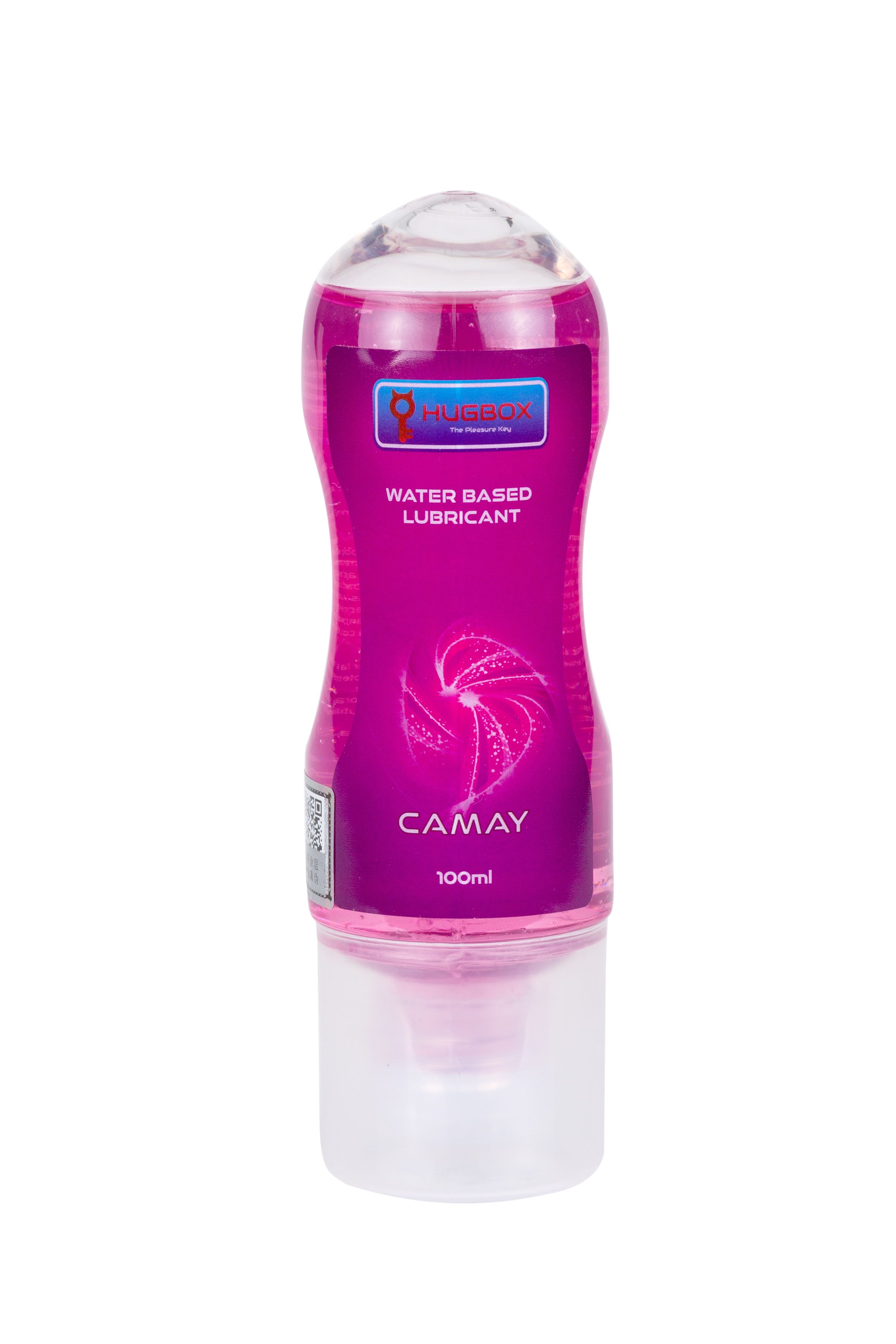 Flasche mit rosa Flüssigkeit. Aufschrift CAMAY und WATER BASED LUBRICANT. Transparenter Dosierkopf.