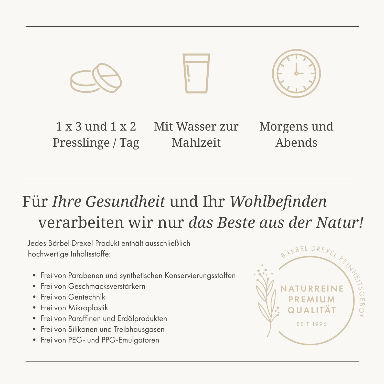 Infografik mit Symbolen: Tabletten, Glas Wasser, Uhr. Text: Einnahmeempfehlung. Logo: Bärbel Drexel, Naturreine Premium Qualität.