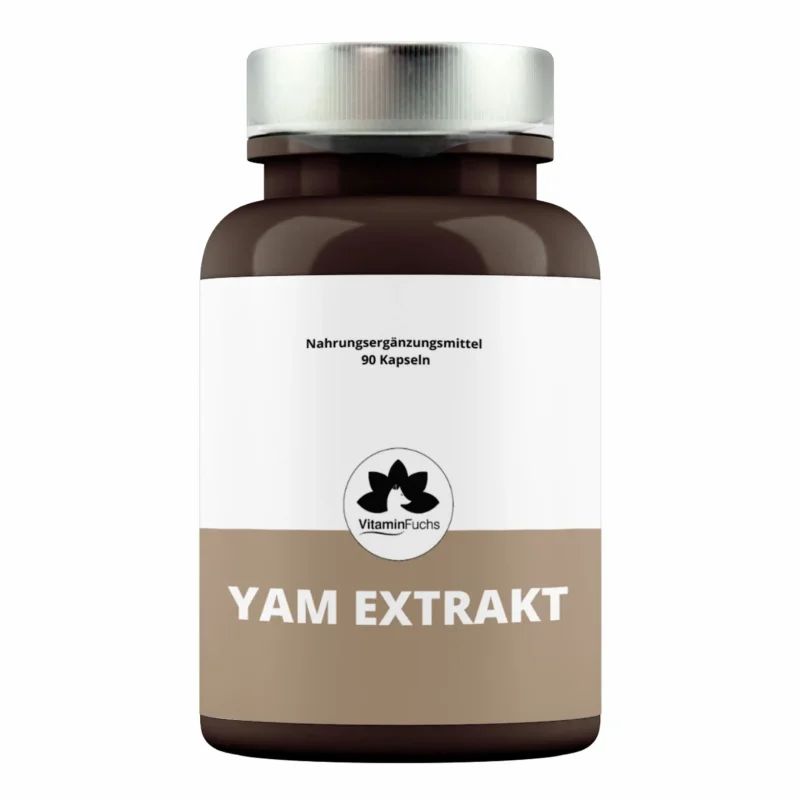 Braune Kapsel mit silbernem Deckel, Etikett mit "Yam Extrakt" und "90 Kapseln".
