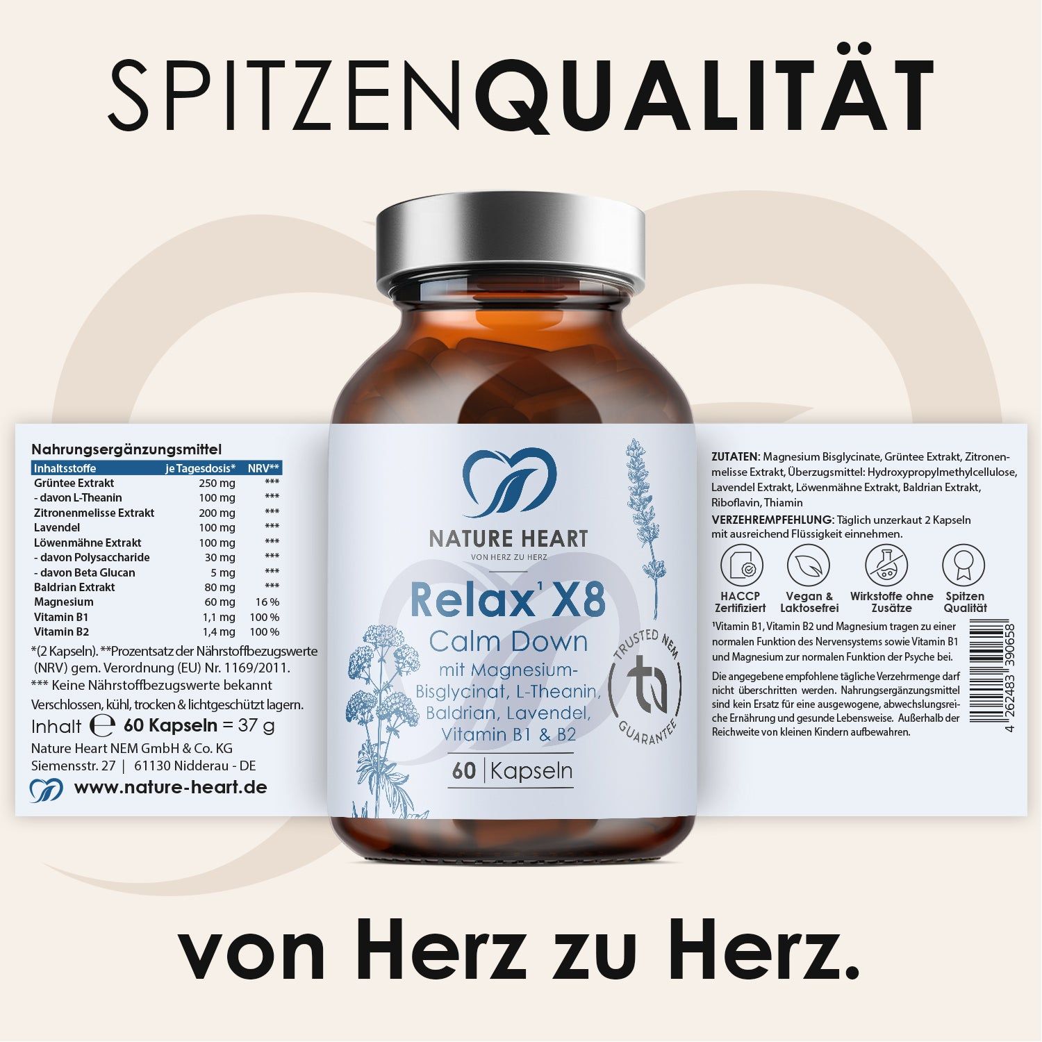 Nature Heart Relax X8 Kapseln mit Nährwertangaben und Inhaltsstoffen.