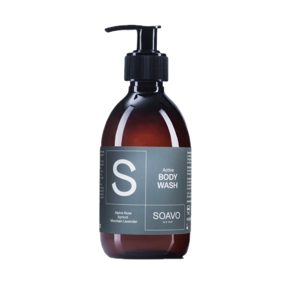Braune Flasche mit schwarzem Pumpkopf. Aufschrift: Active Body Wash, SOAVO. Etikett mit Inhaltsstoffen.