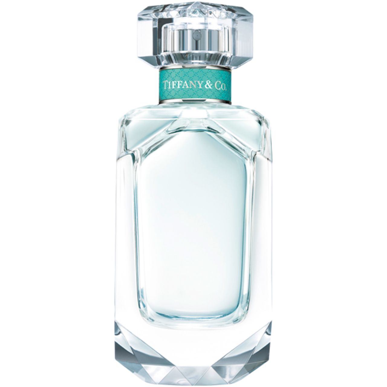 Glasflakon, achteckig, mit transparentem Deckel. Türkisfarbener Ring mit Schriftzug. Aufschrift: Tiffany & Co.