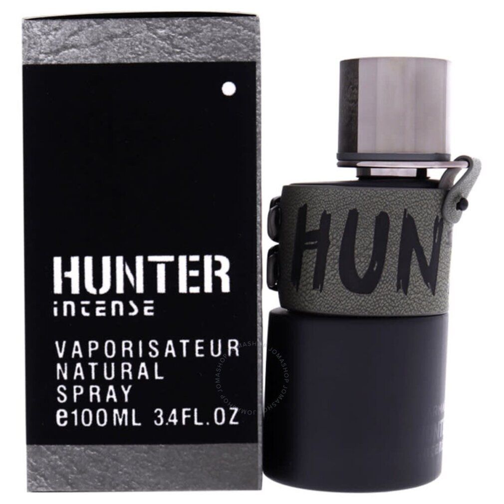 Schwarzer Flakon mit silbernem Deckel und Lederband. Verpackung mit Text: HUNTER INTENSE, Vaporisateur Natural Spray, 100ml.