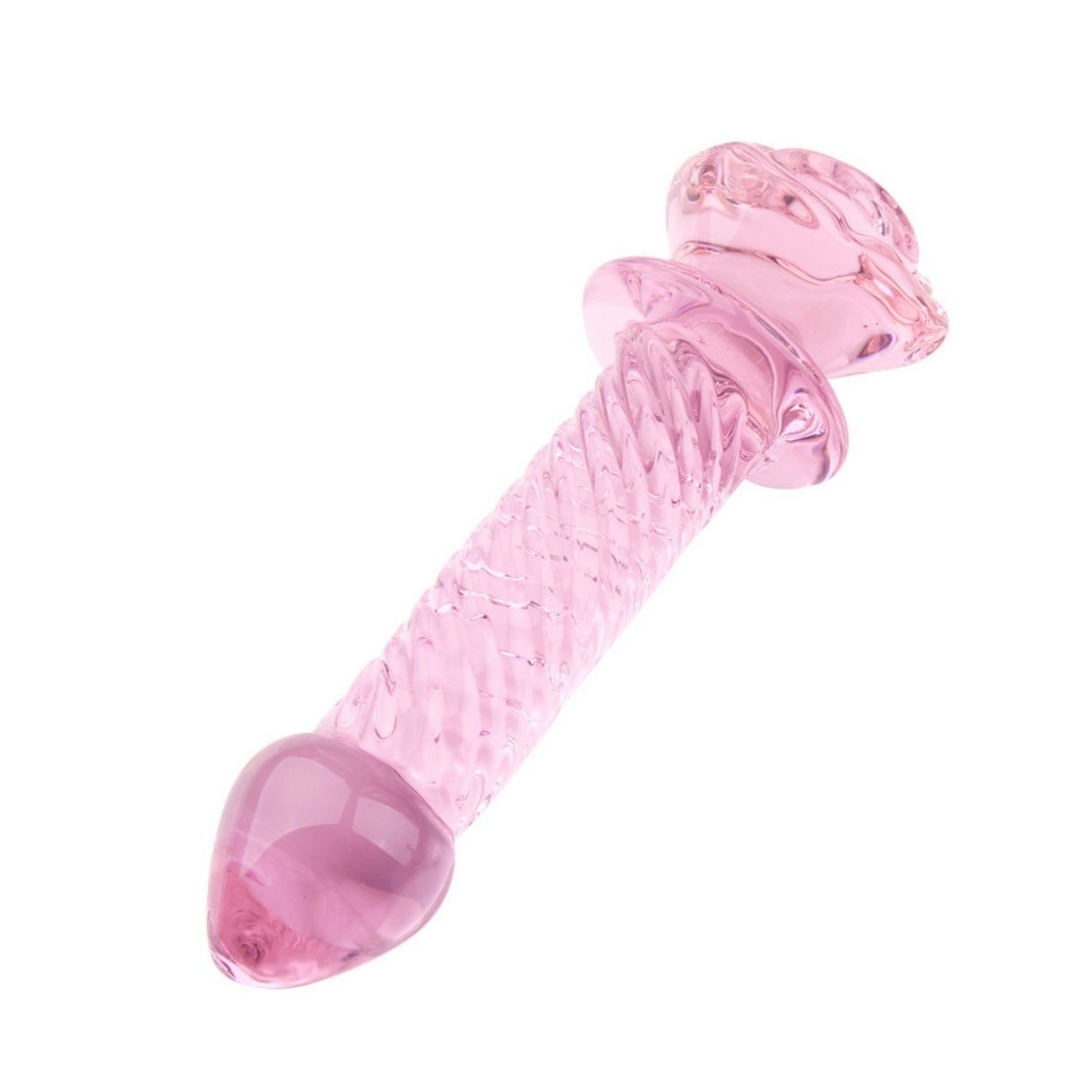 Glasstab in Rosa. Mit geriffelter Oberfläche und blütenförmigem Griff. Auf weißem Hintergrund.