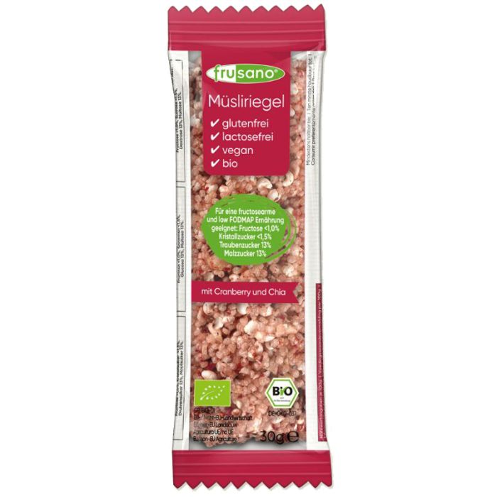 Verpackter Müsliriegel mit Cranberry und Chia. Aufschrift: glutenfrei, lactosefrei, vegan, bio. Bio-Siegel.