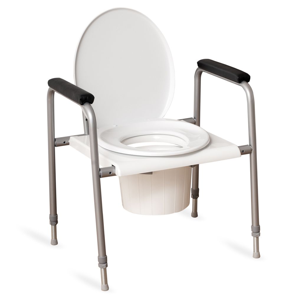 Toilettenstützgestell XXL COMFORT. Geöffneter weißer Sitz, Armlehnen, Eimer. Höhenverstellbare Beine.