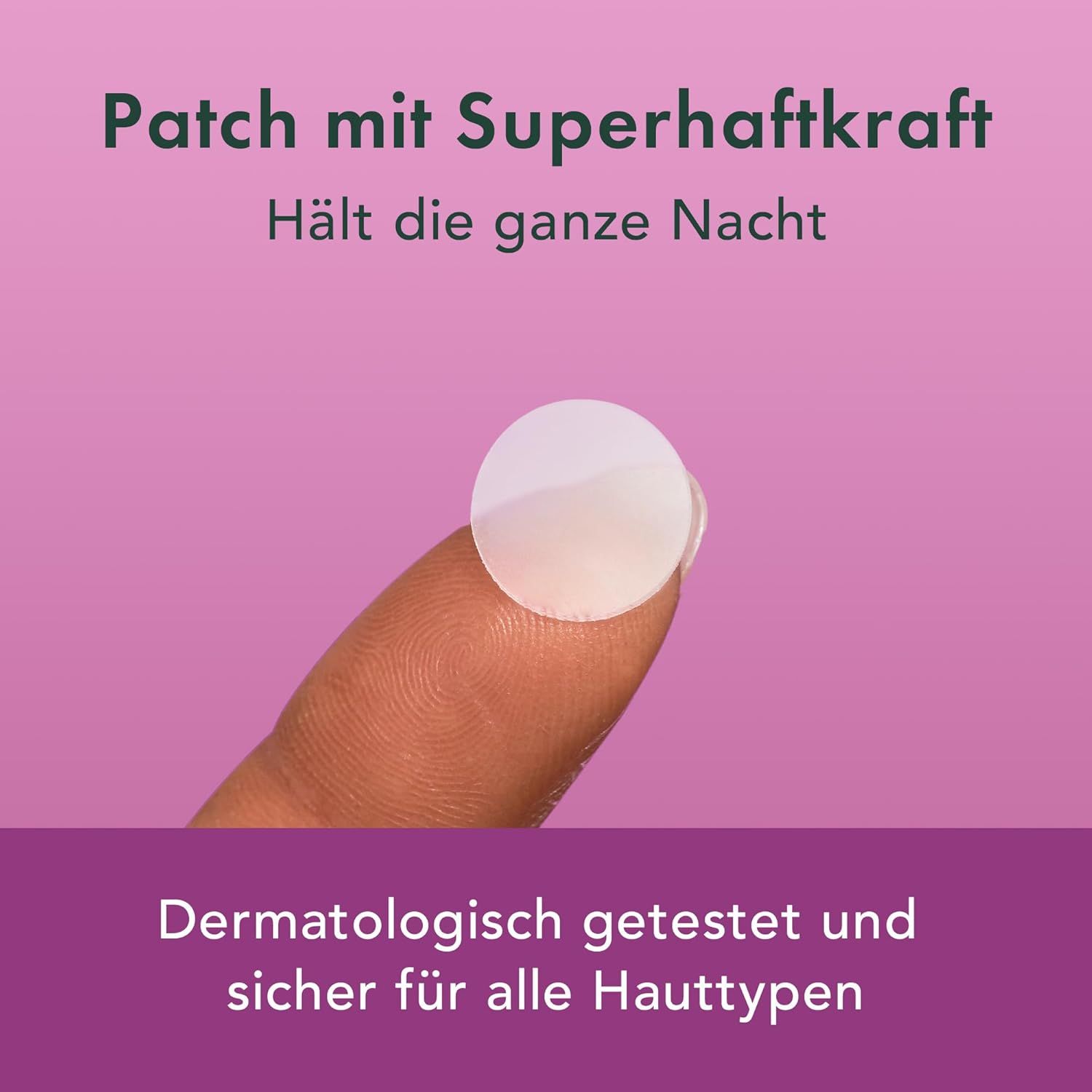 Ein Pflaster auf einem Finger. Text: Patch mit Superhaftkraft. Hält die ganze Nacht. Dermatologisch getestet.