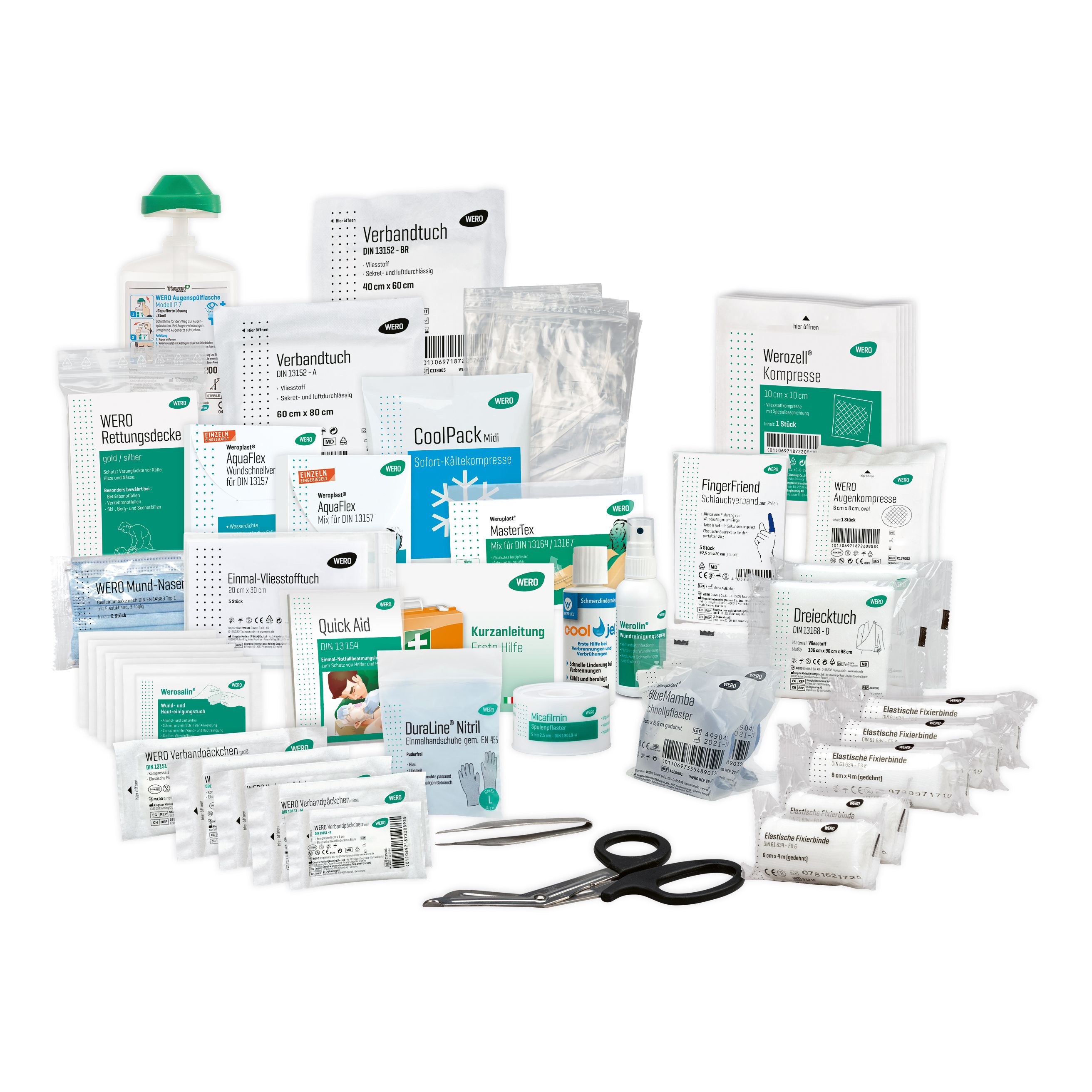 Verschiedene Verbandsmaterialien, Kühlpacks, Desinfektionsmittel und Schere. DIN 13164 und DIN 13157. Marke WERO.