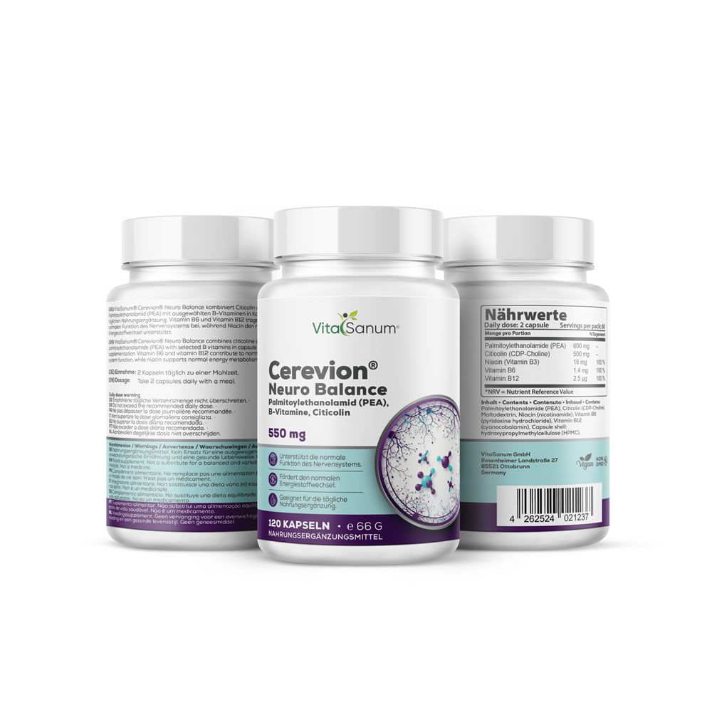 Drei Flaschen Cerevion Neuro Balance Nahrungsergänzungsmittel mit 550 mg pro Kapsel. Weiße Behälter mit blauen und lila Etiketten.