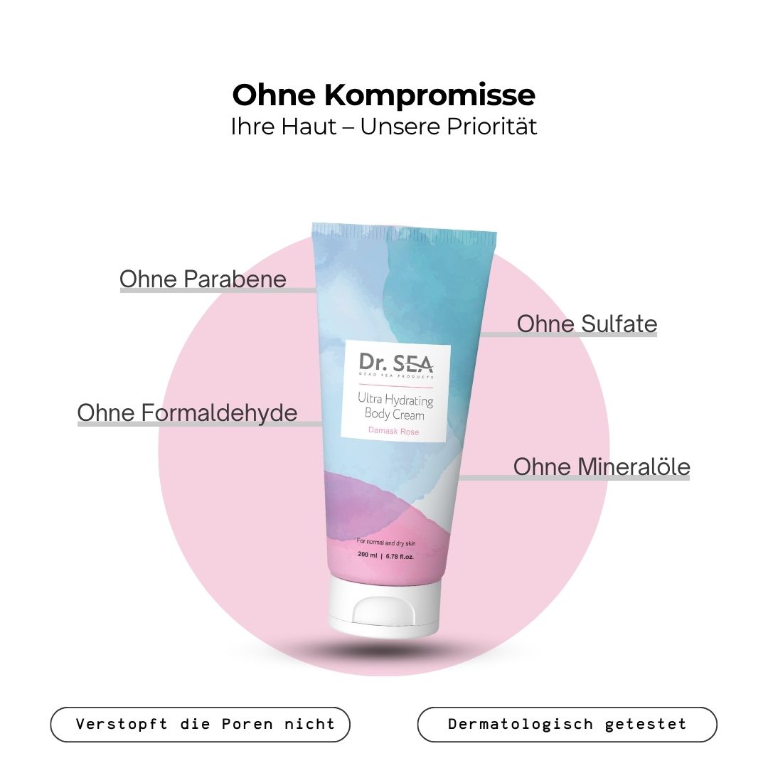 Creme-Tube mit Text und Diagramm. Aufschrift: Ultra Hydrating Body Cream, Damask Rose. Marke: Dr. SEA.