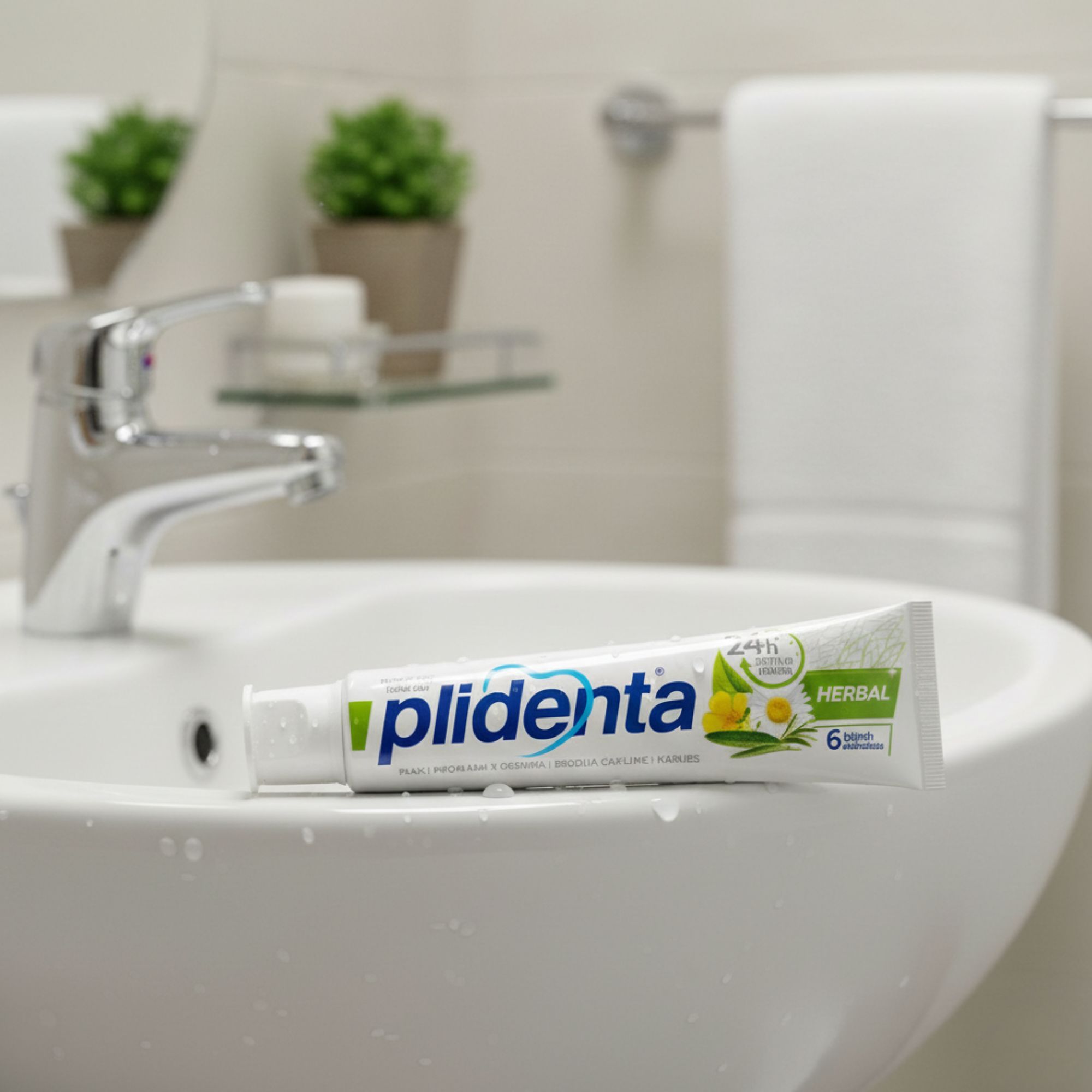 Plidenta Herbal Zahnpasta-Tube auf Waschbecken. Weiß, grün. Aufschrift: Herbal, 24h Schutz. Produktname: Plidenta. Im Hintergrund: Waschbecken, Wasserhahn.