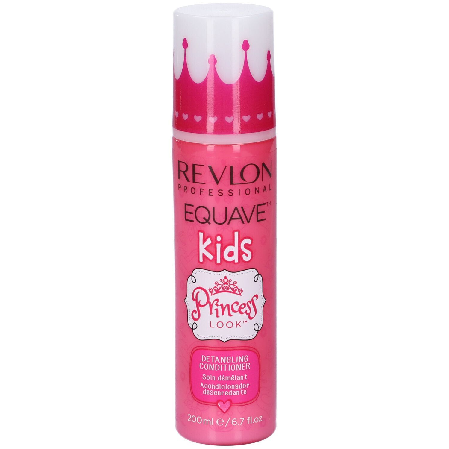Rosa Flasche mit weißem Kronen-Deckel. Aufschrift: Revlon Equave Kids Princess Look. Spülung.