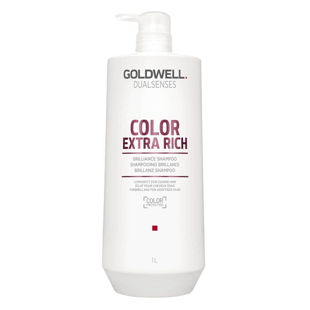 Weiße Shampoo-Flasche mit Pumpe. Aufschrift: Goldwell Dualsenses Color Extra Rich. Brilliance Shampoo. 1L.