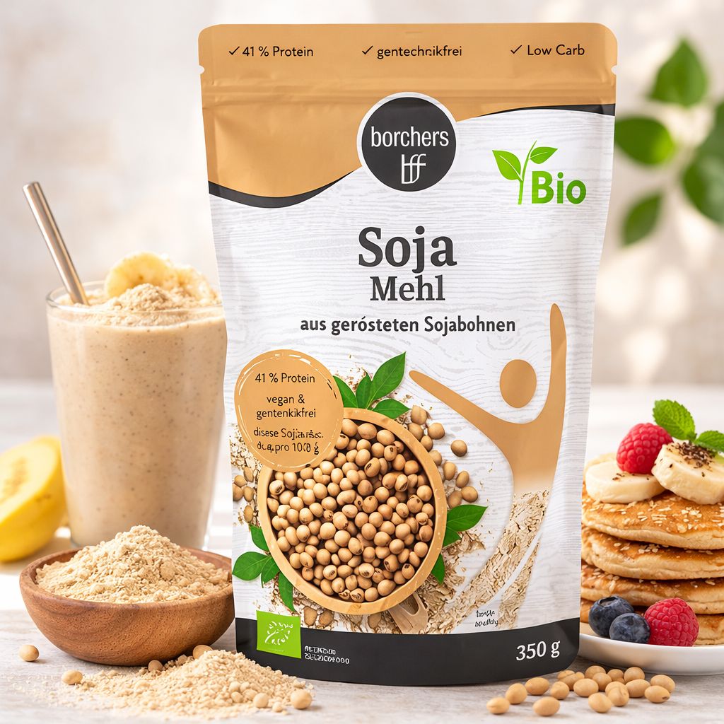 BFF Bio Sojamehl (350g) in einem Beutel, daneben ein Glas Smoothie, Schüssel mit Sojabohnen und ein Stapel Pancakes.