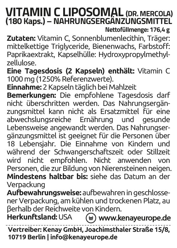 Text auf weißem Hintergrund. Zutaten, Dosierung, Hinweise und Herstellerinformationen für Vitamin C Liposomal.