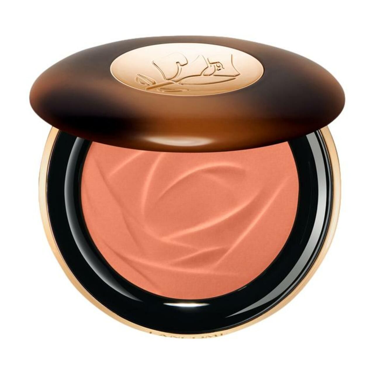 Ein runder, pfirsichfarbener Rouge-Puder in einem braunen und goldenen Gehäuse mit einem Rosenmuster auf der Oberfläche.