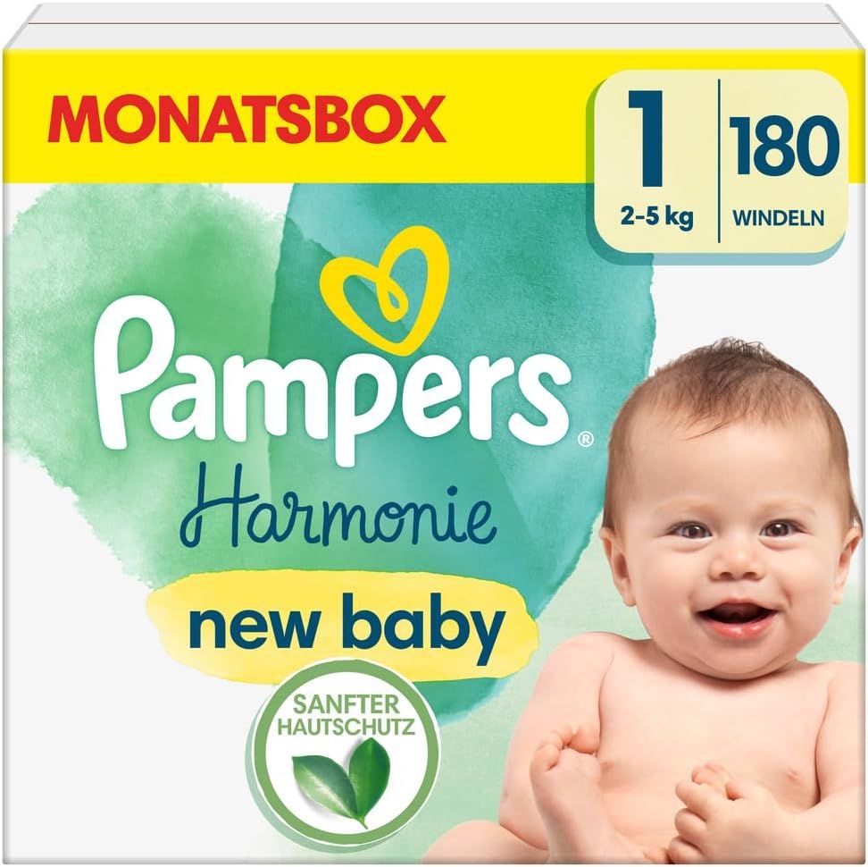 Pampers Harmonie Windeln, Größe 1, 2-5 kg, 180 Stück. Verpackung mit Baby-Abbildung. Sanfter Hautschutz.