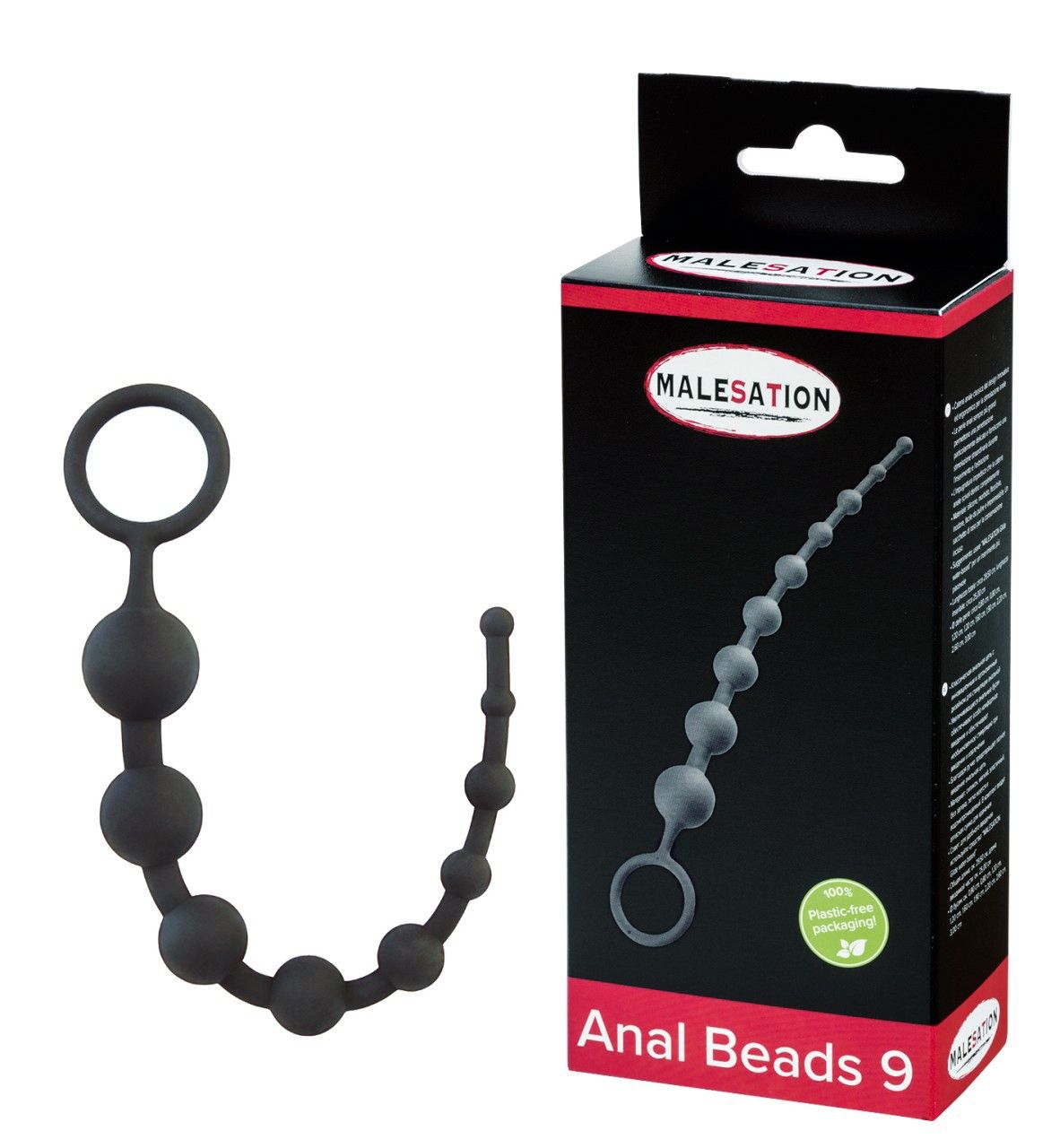 Schwarze Anal Beads mit Griffring und neun Kugeln, verpackt in einer Blisterpackung mit Produktinformationen.