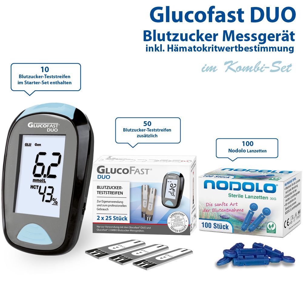 Glucofast® Duo Blutzuckermessgerät Kombiset mit mit Teststreifen und Lanzetten  (mg/dL)