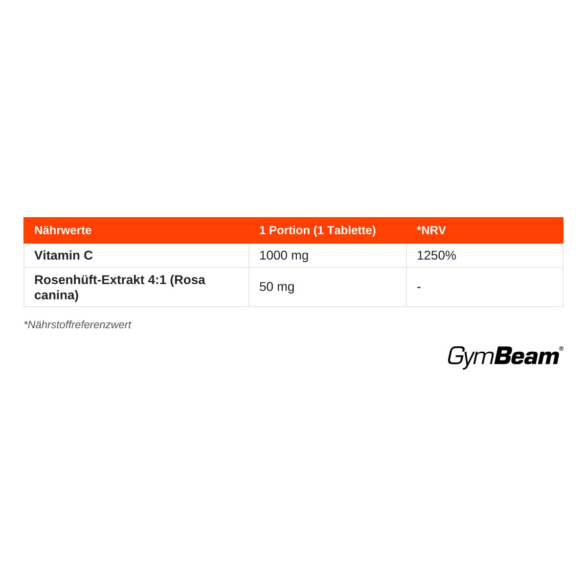 Nährwerttabelle für GymBeam Vitamin C 1000 mg: 1000 mg Vitamin C, 50 mg Hagebuttenextrakt pro Tablette.