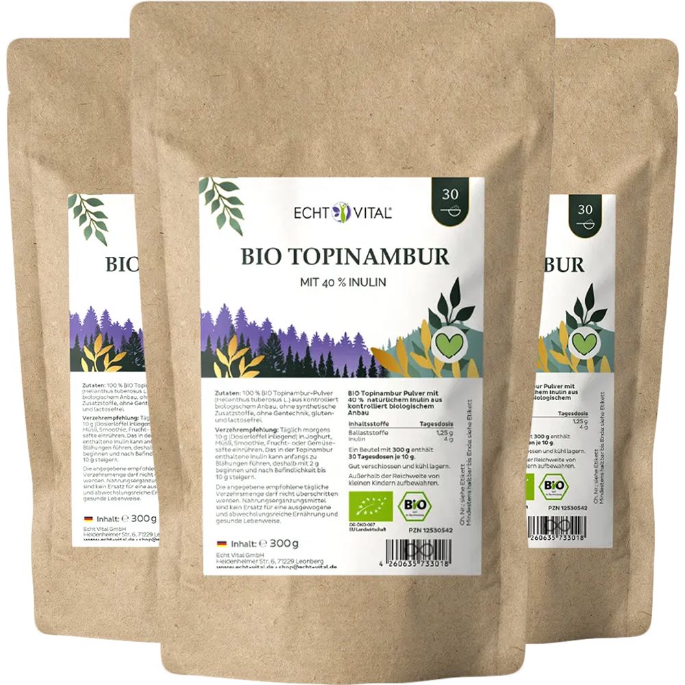 Drei Packungen Echt Vital Bio Topinambur Pulver mit 40% Inulin. Braune Papiertüten mit Etiketten.
