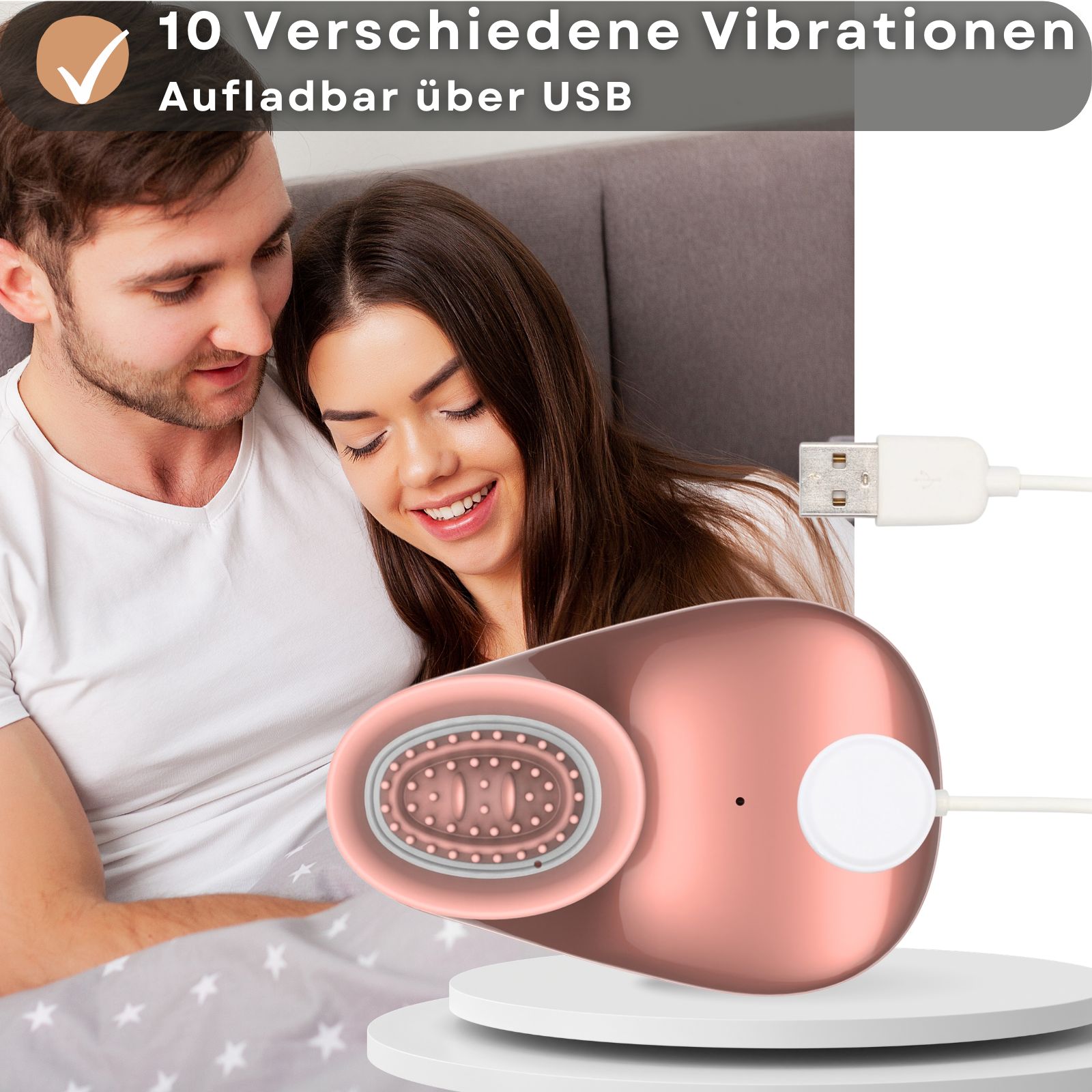 Rosa Sauger-Vibrator mit Ladestation und USB-Kabel. Paar im Hintergrund. Text: 10 Verschiedene Vibrationen, Aufladbar über USB.