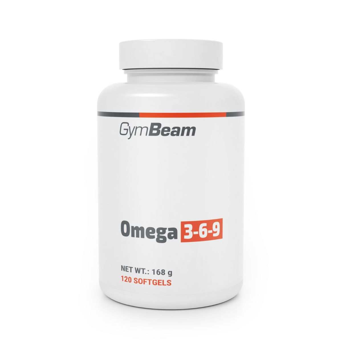 GymBeam Omega 3-6-9 Kapseln: Weißer Behälter mit rotem und schwarzem Etikett. Enthält 120 Softgels.
