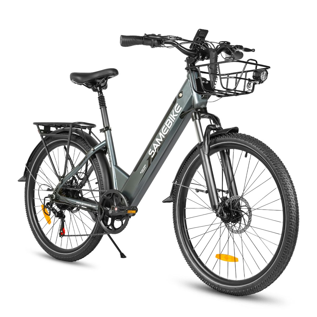 SAMEBIKE RS-A01 Pro-T Elektrofahrrad, grau. Korb, Gepäckträger, Schutzbleche. Schwarze Reifen, Sattel, Lenker. Frontscheinwerfer.