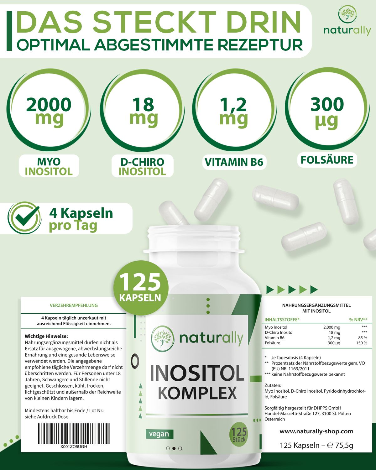 Flasche 'Inositol Komplex' mit 125 Kapseln. Diagramm mit Inhaltsstoffen: Myo Inositol, D-Chiro Inositol, Vitamin B6, Folsäure. 4 Kapseln pro Tag.