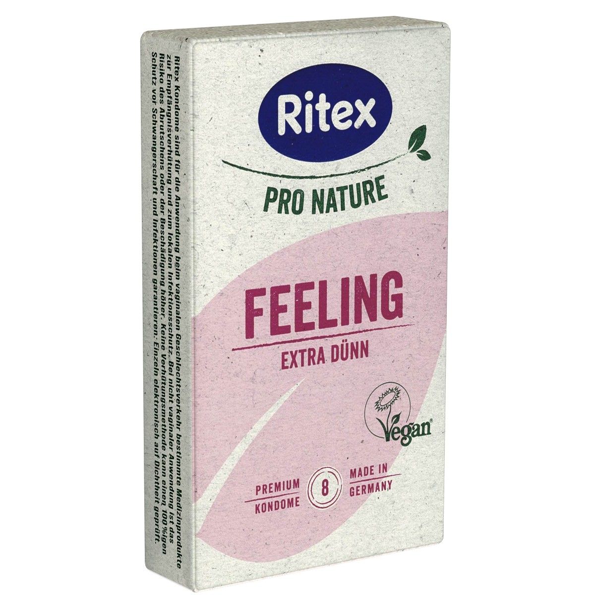 Verpackung von Ritex Pro Nature Feeling Kondomen. Rosa Schriftzug FEELING, EXTRA DÜNN. Vegan-Siegel. 8 Stück. Hergestellt in Deutschland.