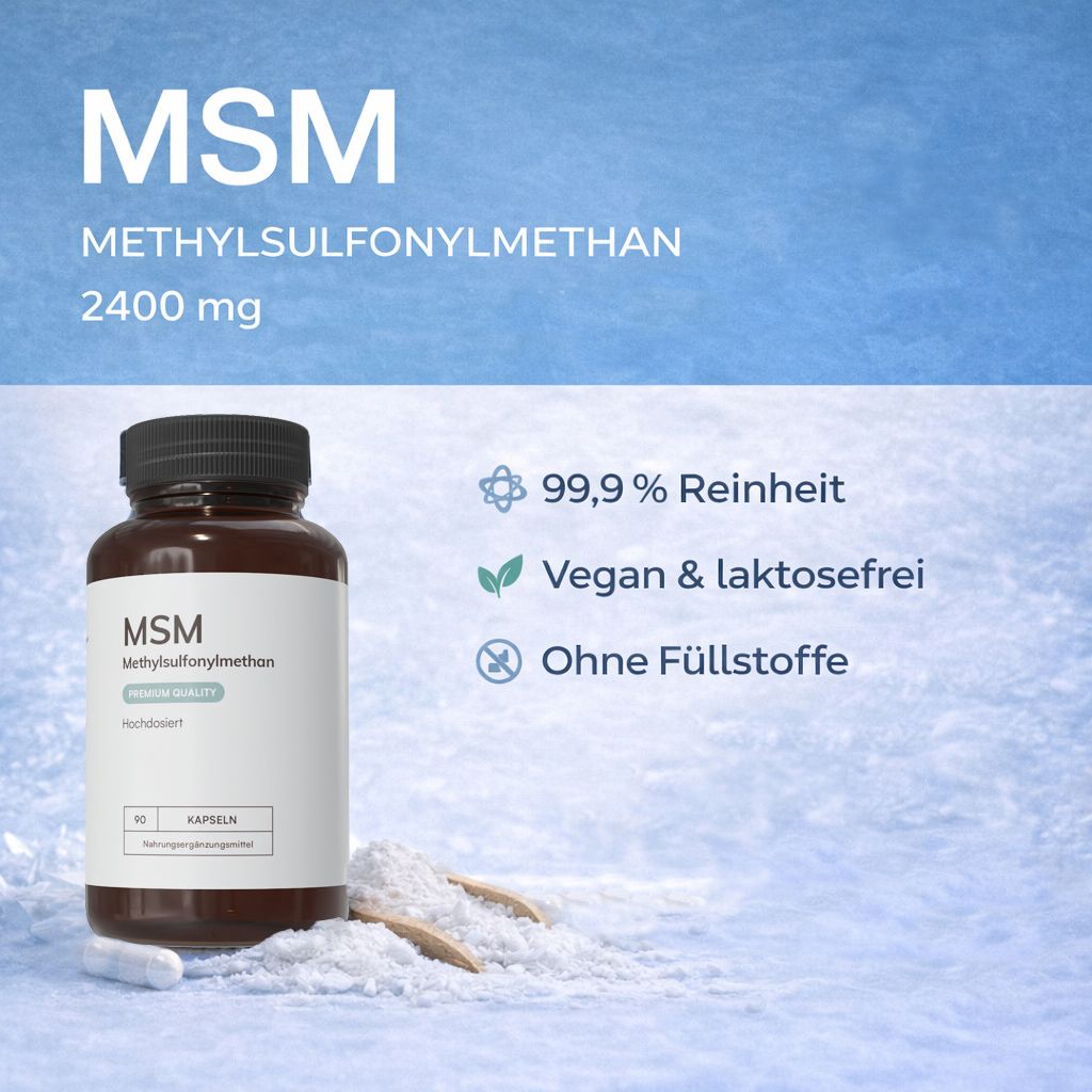 Braune Kapsel-Dose mit weißem Etikett. Aufschrift: MSM Methylsulfonylmethan, 2400 mg. Zusatzinformationen: 99,9% Reinheit, vegan & laktosefrei, ohne Füllstoffe.