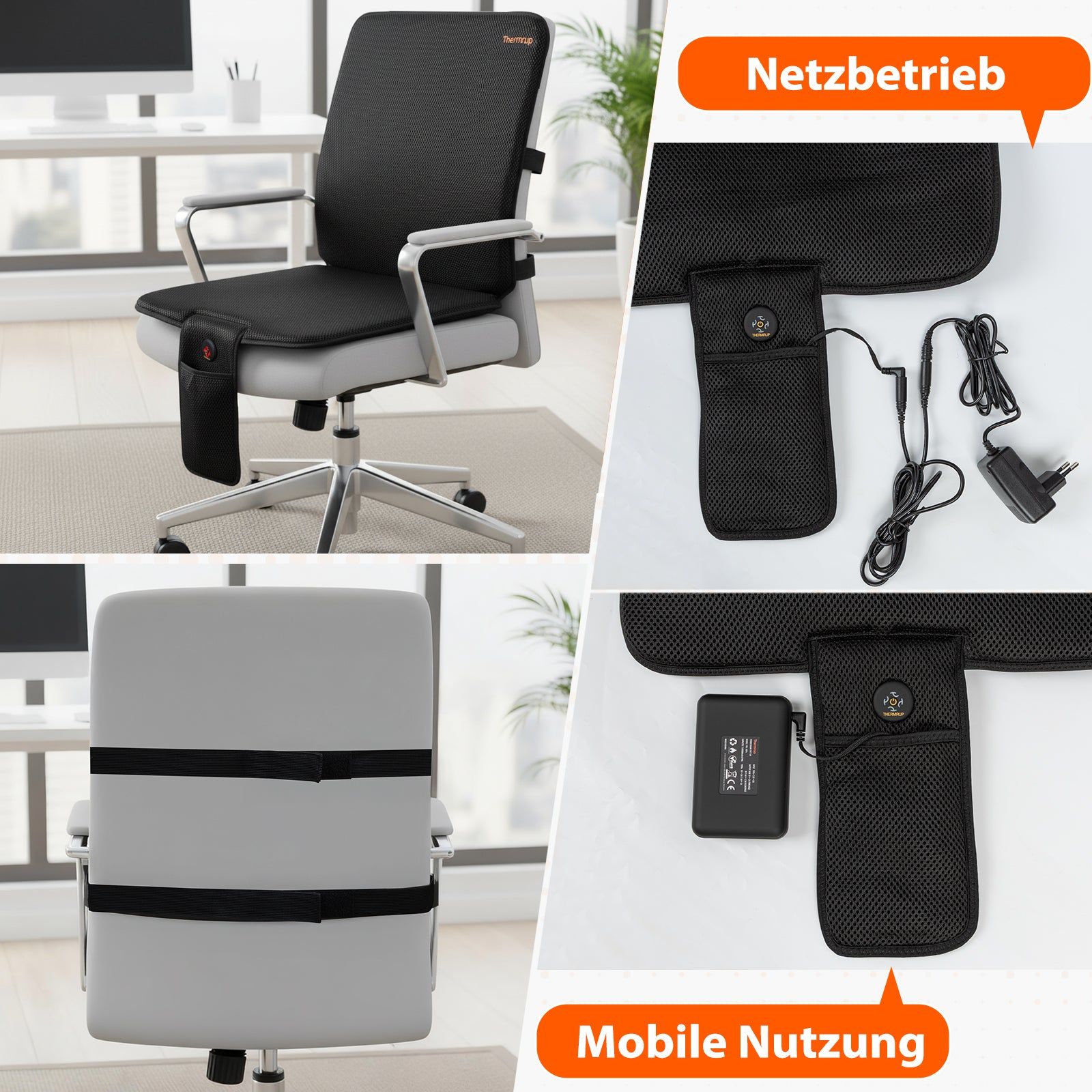 Schwarze Sitzauflage auf Bürostuhl. Netzbetrieb und mobile Nutzung. Enthält Netzteil und Akku.