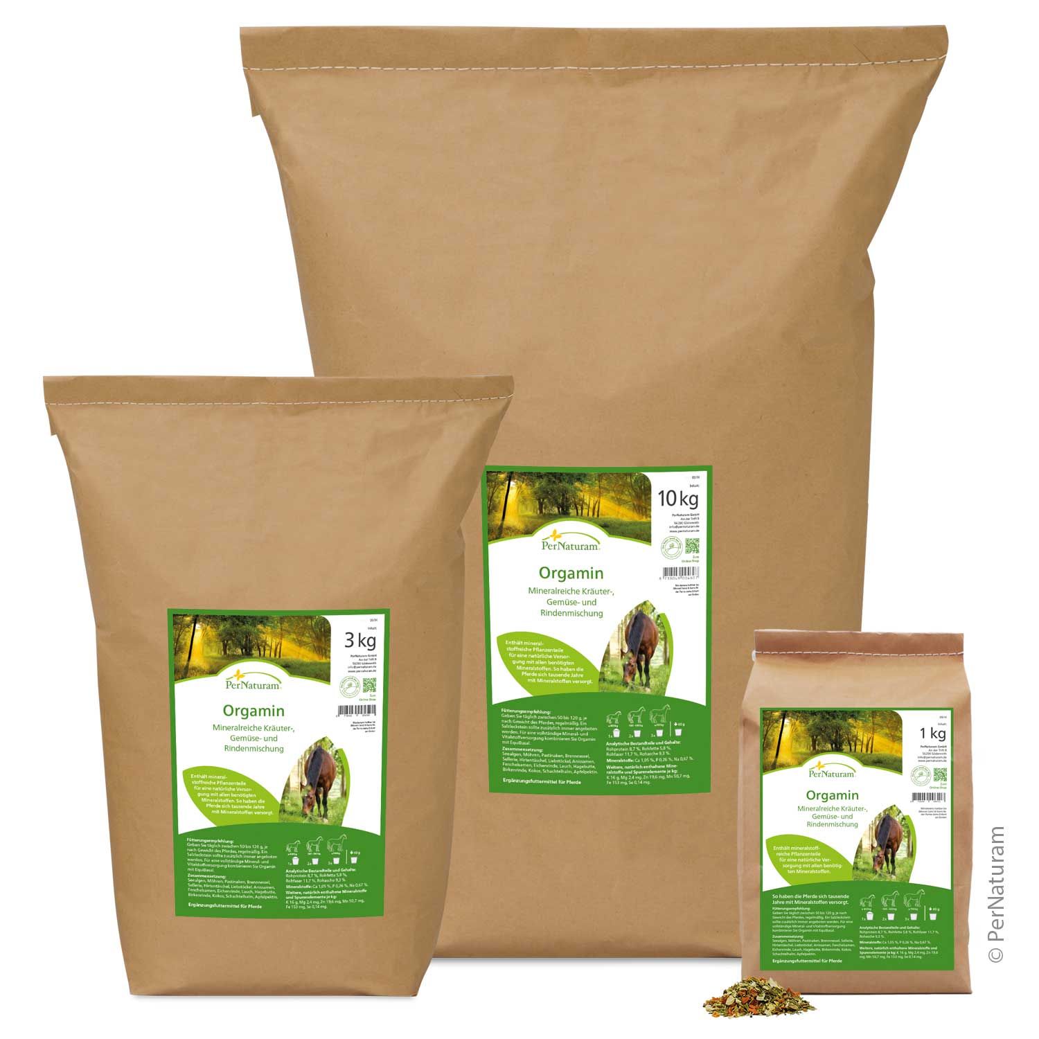 Drei braune Papiertüten mit grünen Etiketten. Etiketten mit Produktname, Logo und Inhaltsangaben. 1kg, 3kg und 10kg.