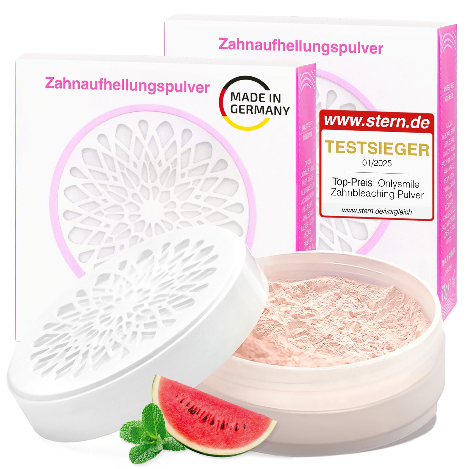 Zahnaufhellungspulver-Dose, geöffnet. Rosa Pulver sichtbar. Verpackung mit Logo und Zertifikaten.