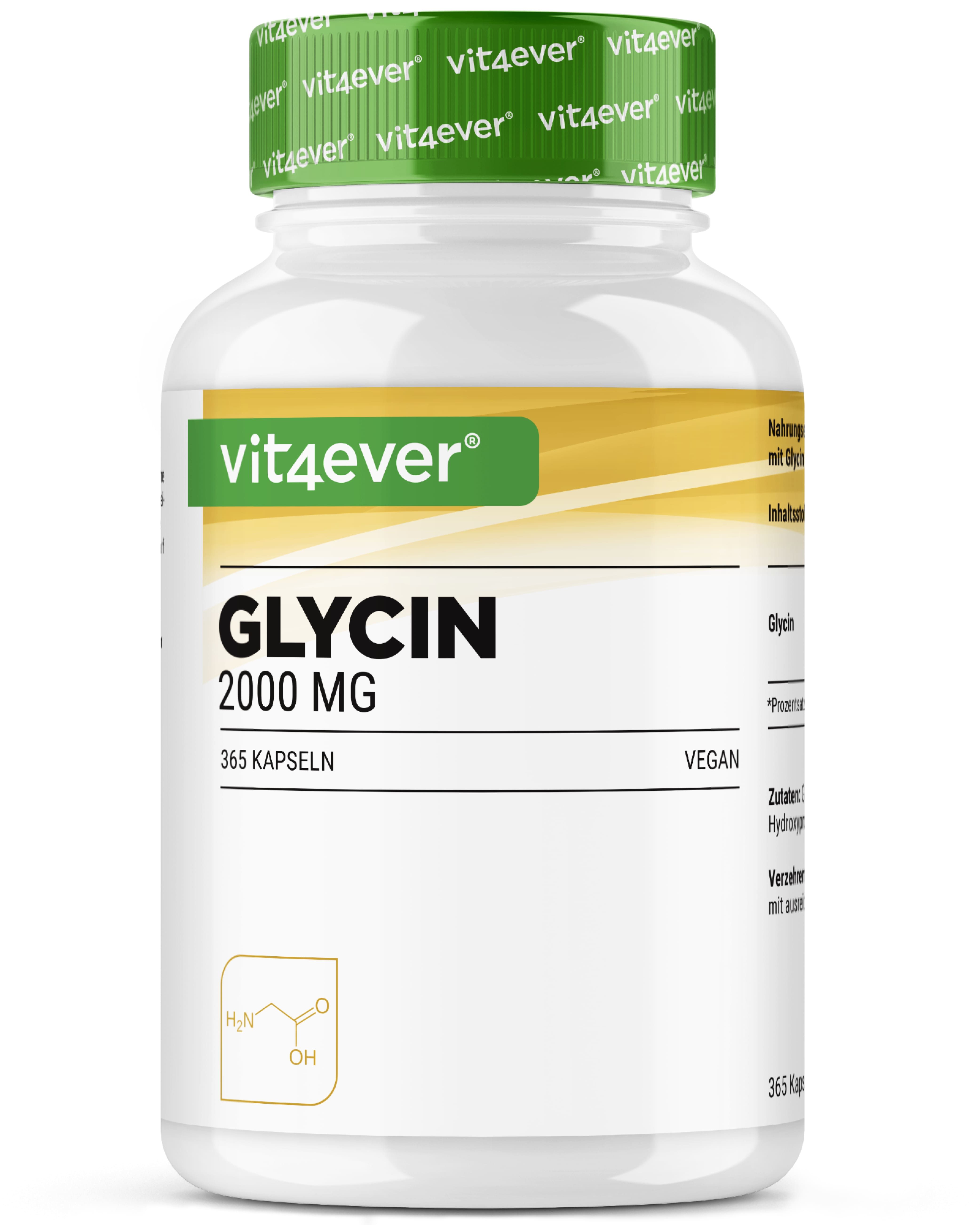 Weißes Pillenbehälter mit grünem Deckel. Aufschrift: Glycin 2000 MG. Marke: vit4ever. 365 Kapseln. Vegan.