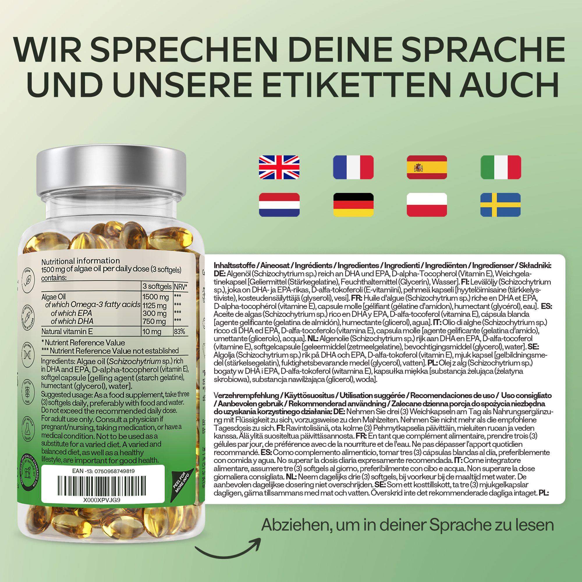 Flasche mit Omega-3-Kapseln und Text. Enthält Informationen in verschiedenen Sprachen.