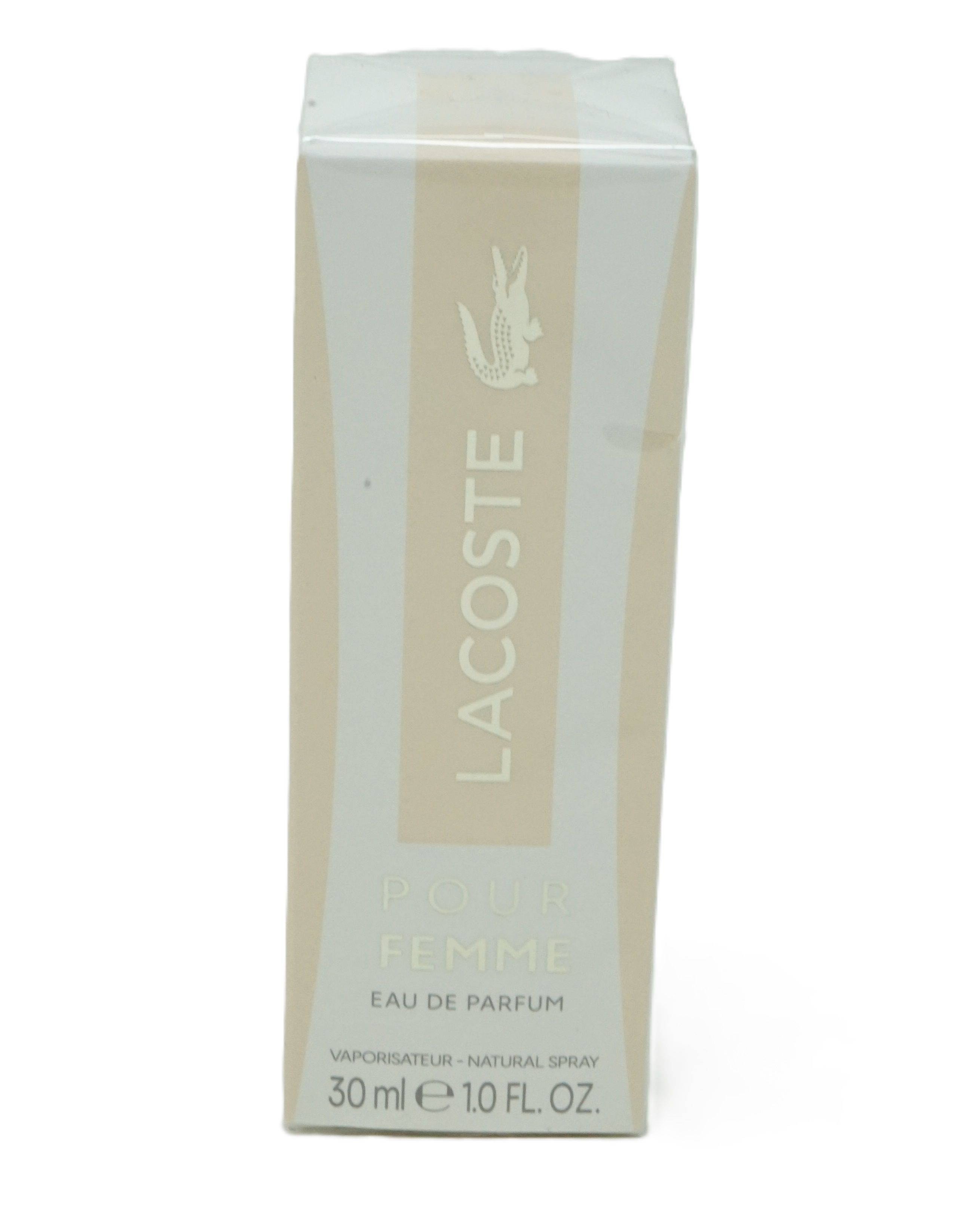 Lacoste Pour Femme Eau de Parfum-Flakon. Rechteckige Form, goldfarbener Verschluss. Klarer Inhalt.