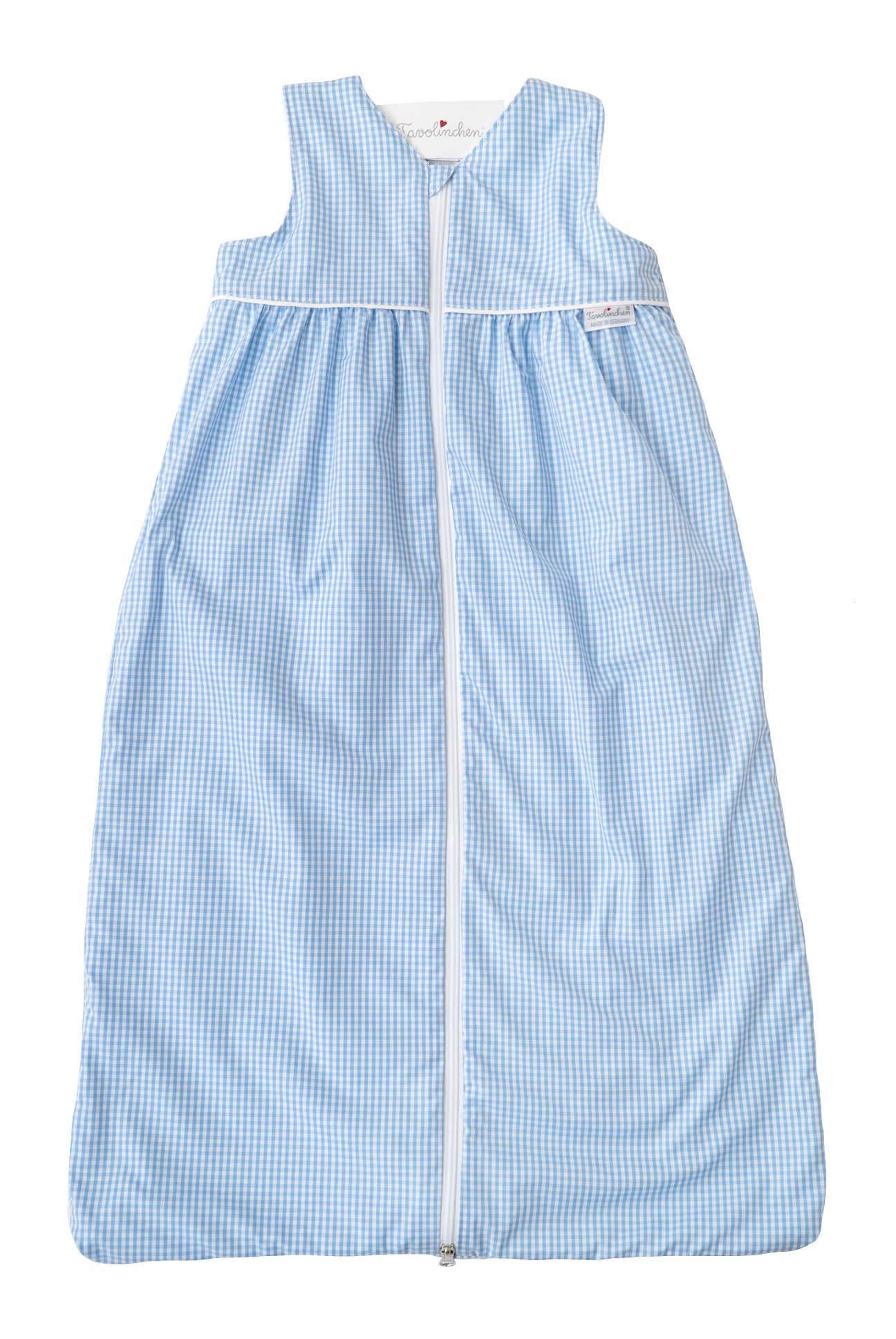 Blau karierter Schlafsack mit Reißverschluss. Weißer Saum und Logo. Baumwollstoff.