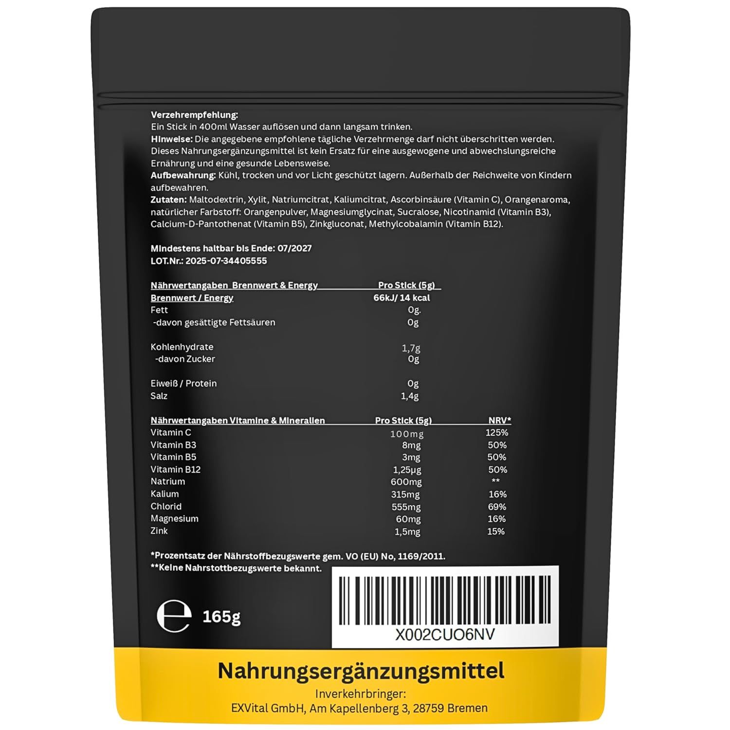 Rückseite der EXVital Elektrolyte Verpackung. Enthält Nährwertangaben, Inhaltsstoffe und Herstellerinformationen. Text: Nahrungsergänzungsmittel, 165g.
