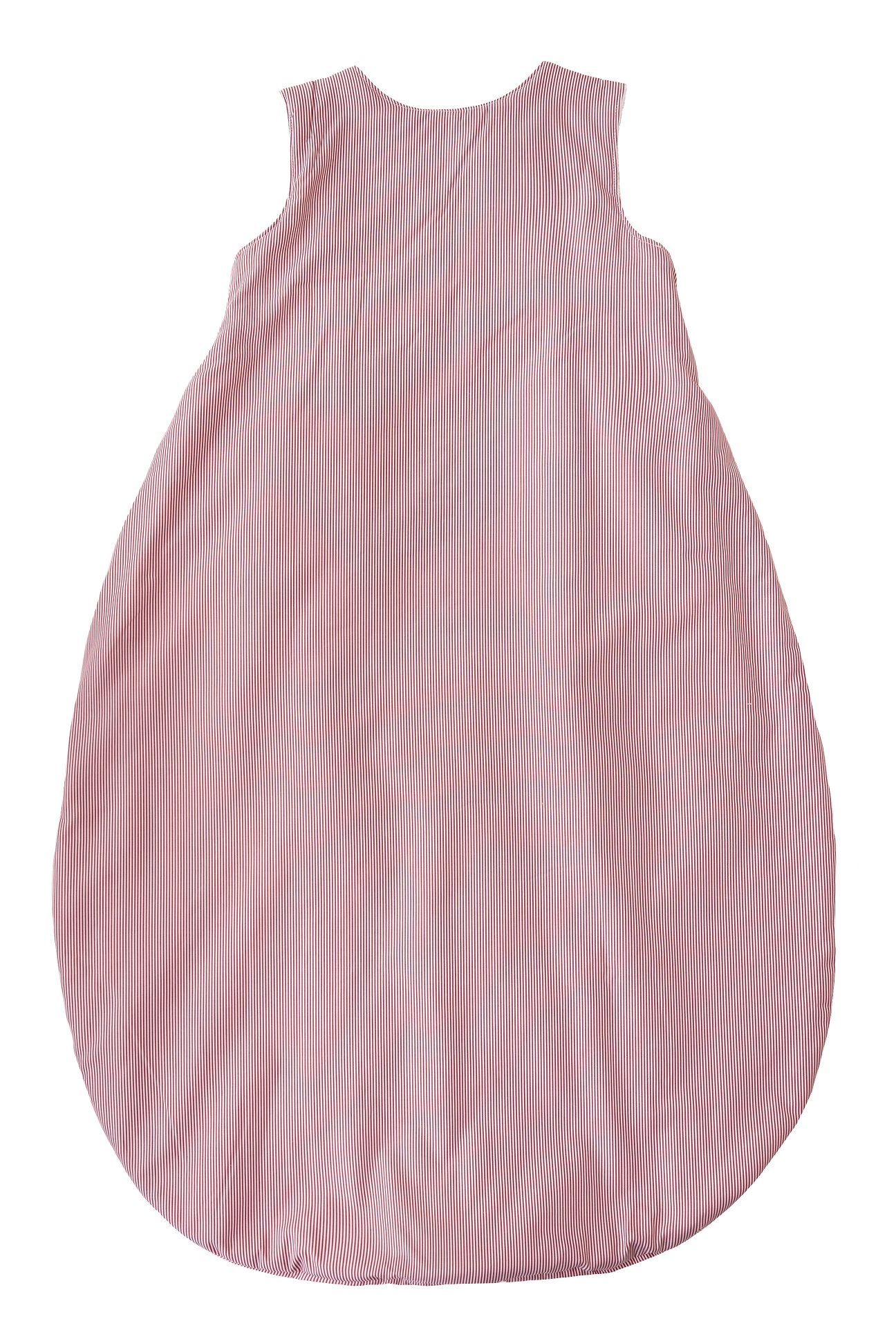 Schlafsack, rot-weiß gestreift. Ohne Ärmel, ovale Form. Einfarbiges Muster. Marke Tavolinchen nicht sichtbar.