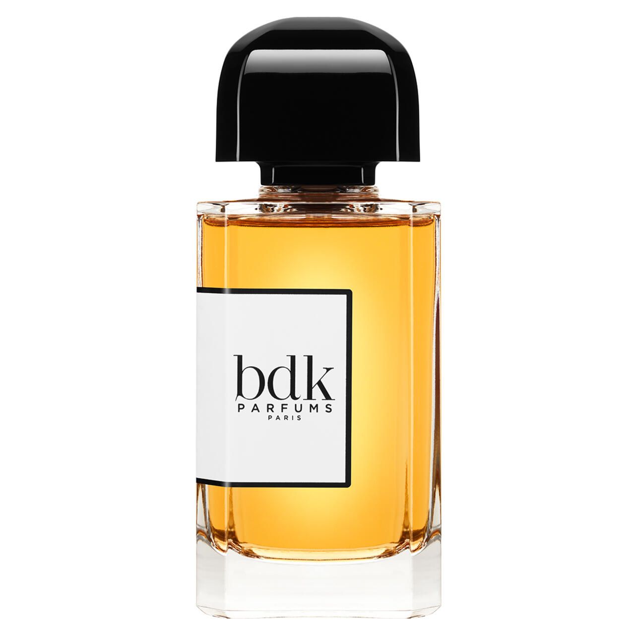 Parfümflakon mit schwarzem Verschluss. Auf dem Etikett steht "bdk PARFUMS PARIS".