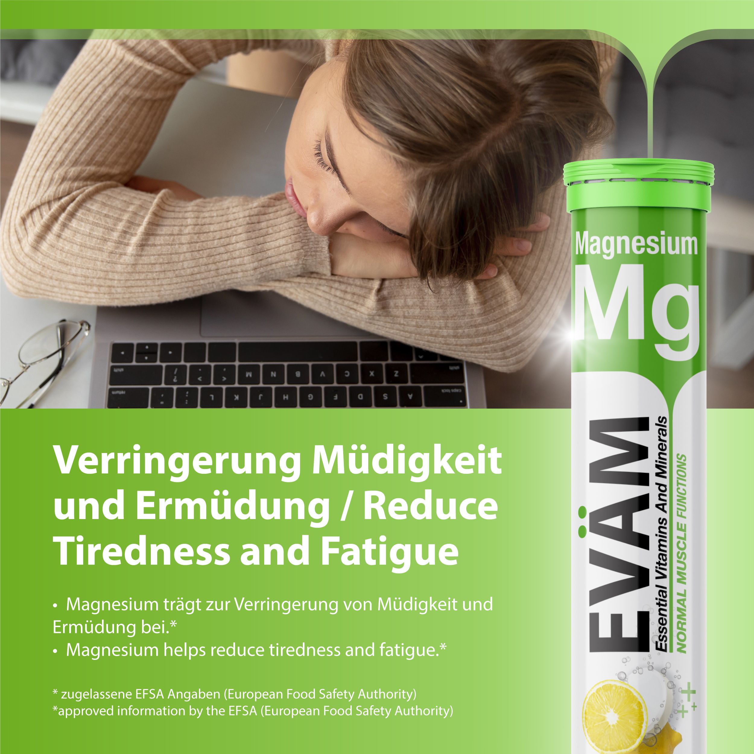 Frau am Laptop, neben einer Packung EVÄM Magnesium-Tabletten. Reduziert Müdigkeit. 20 Brausetabletten. Hergestellt in Deutschland.