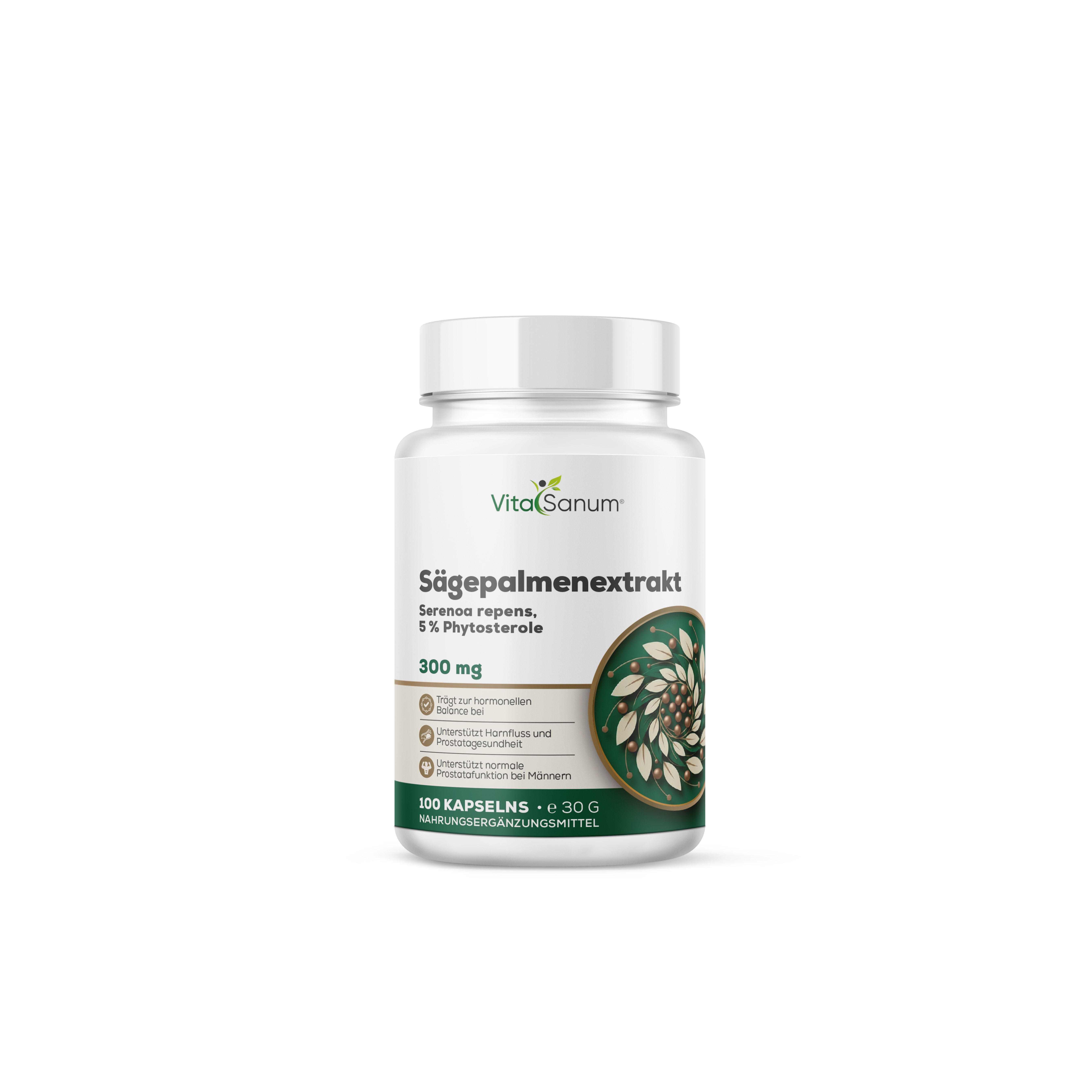 Weiße Flasche VitaSanum Sägepalmenextrakt. Aufschrift: 300 mg, 100 Kapseln, 5% Phytosterole. Grün-weißes Etikett mit Produktinformationen.