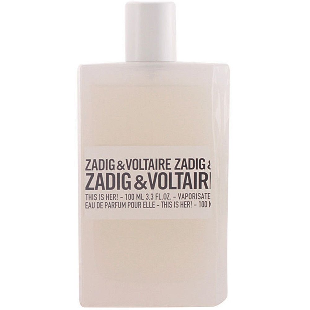 Weißer Flakon. Aufschrift: ZADIG & VOLTAIRE THIS IS HER! Eau de Parfum.