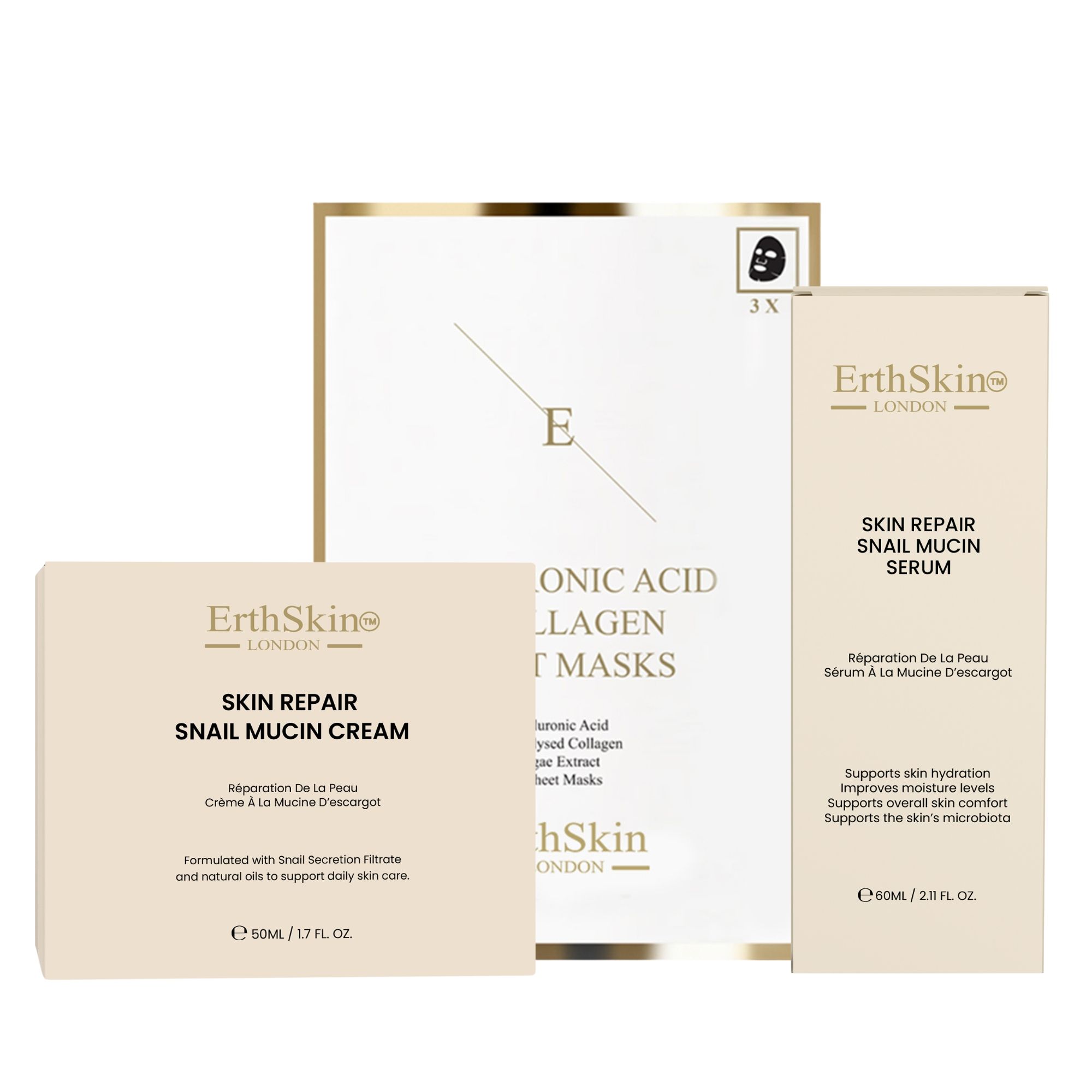 Hautpflege-Set mit Schneckencreme, Serum und Kollagenmasken.