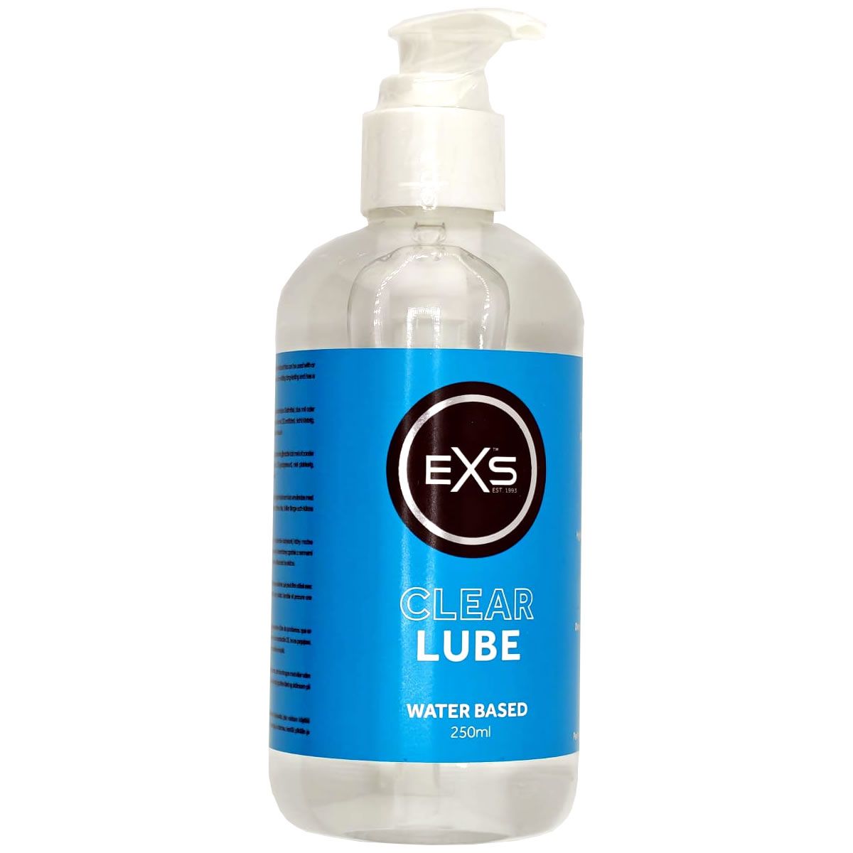 Transparente Flasche mit Pumpverschluss. Blaues Etikett mit "EXS" Logo, "CLEAR LUBE" und "WATER BASED".