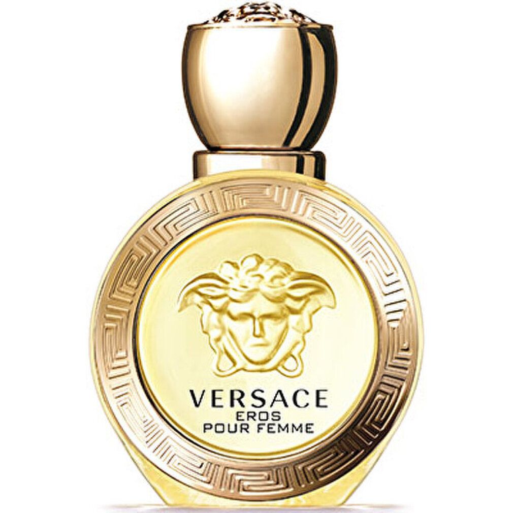 Versace Eros Pour Femme Deodorant Spray Flakon mit goldenem Medusa-Emblem.