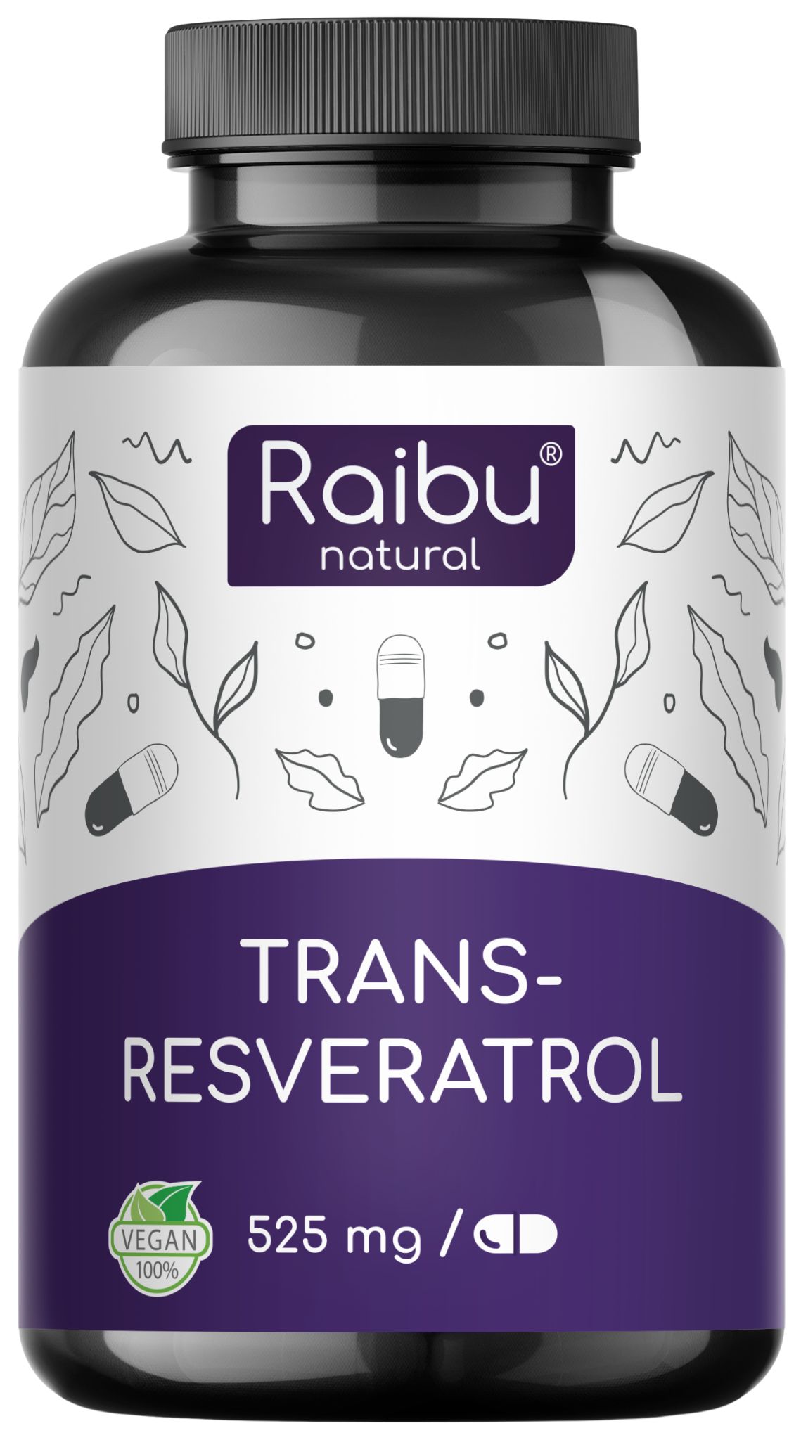 Dunkle Flasche mit Kapseln. Aufschrift: Trans-Resveratrol, 525 mg, Vegan-Siegel.
