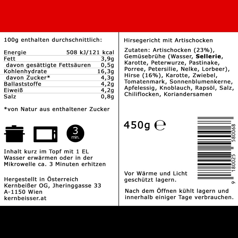 Nährwertangaben und Zubereitungshinweise für Maghreb-Hirse mit Artischocken. 450g. Text: 3 min.