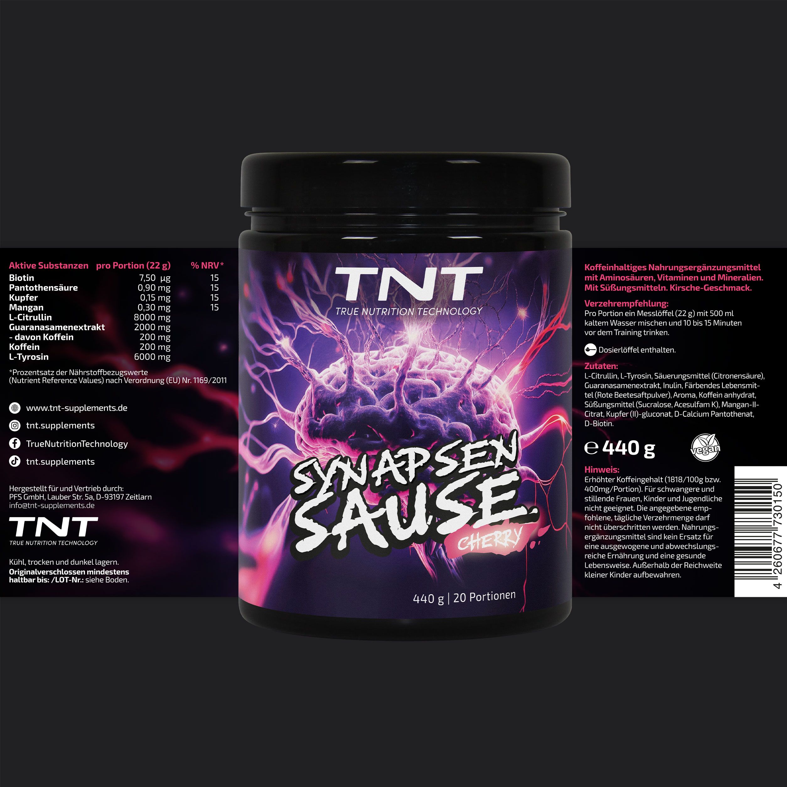 Schwarzes Produktglas mit lila Etikett. Text: TNT Synapsensause, Cherry. Enthält 440g, 20 Portionen. Zusätzliche Informationen auf dem Etikett.